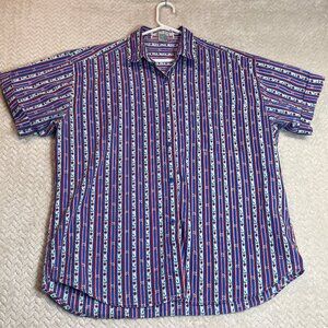 Vintage Cool Blues Blue Red Floral Stripe Print Shirt Womens Large | Cottagecore